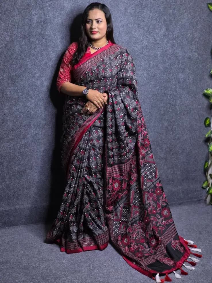 Red Or Black Thread Work Designer Silk Saree