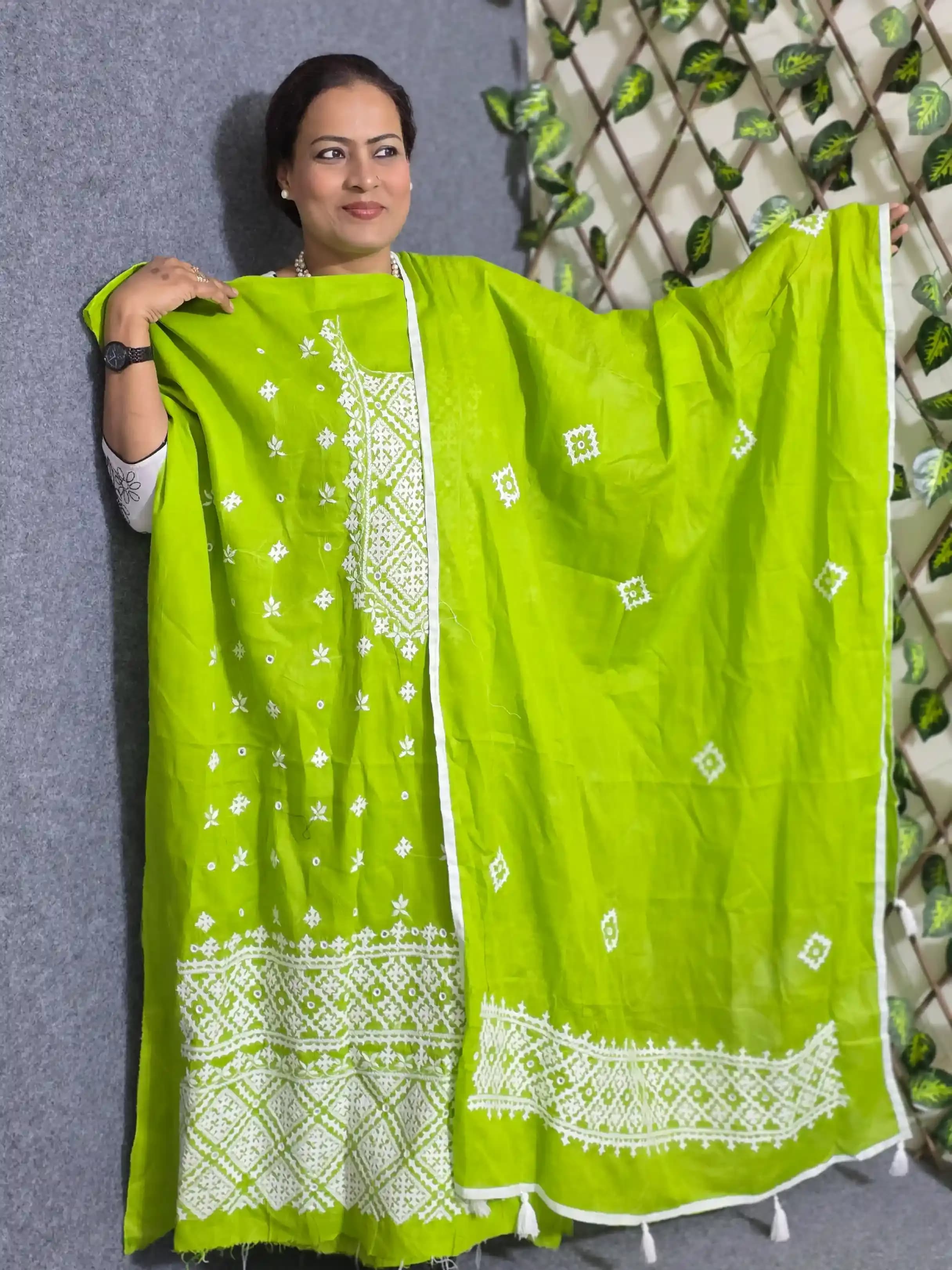 Elegant Parrot Green Gujarati Hand-Stitched Two-Piece