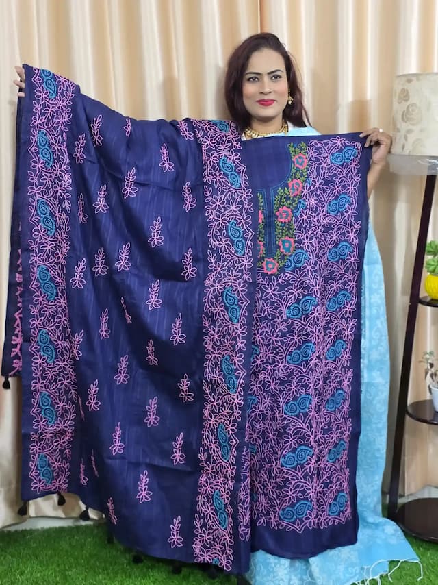 Navy Blue Adi Cotton Hand-Stitched Dress Floral Embroidery