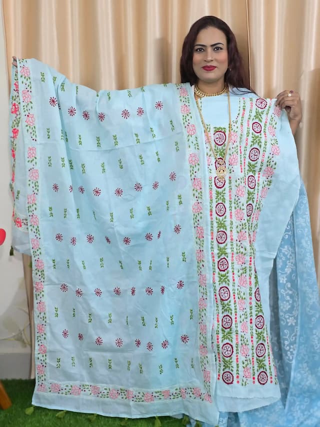 Elegant Pastel Sky Blue Hand-Stitched Adi Cotton 2-Piece