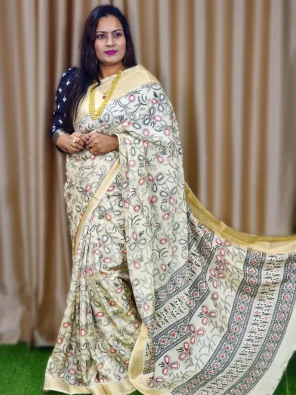 Elegant Off-White Silk Kantha Print Saree with Golden Border