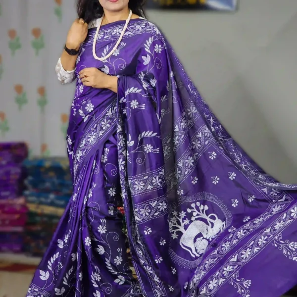 Pure Soft Silk Saree with Intricate Kantha Stitch Work-Deep Purple