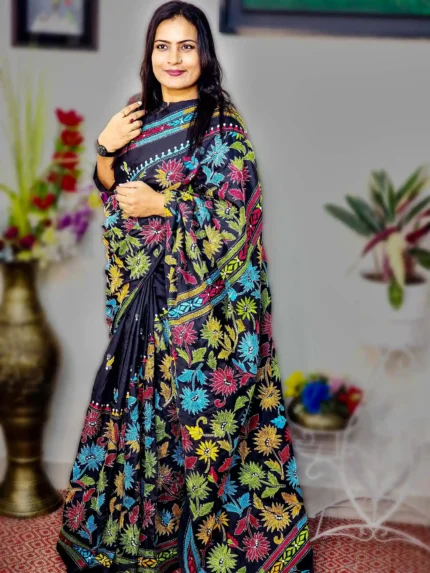 Pure Silk Multicolor Hand-Stitched Kantha Saree – Black Elegance