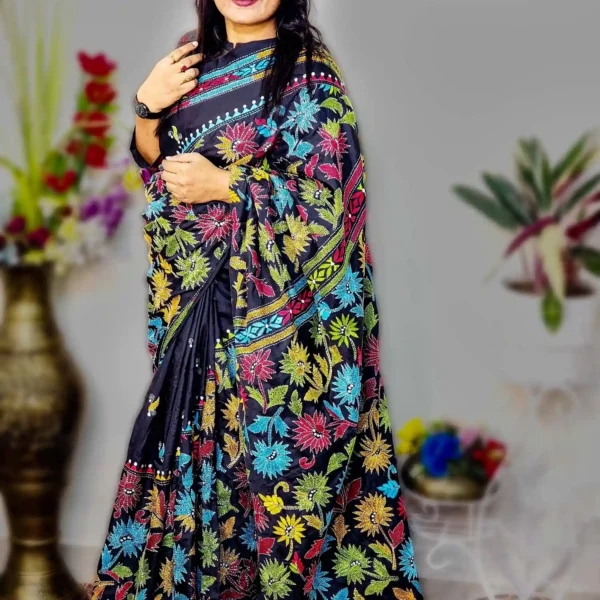 black Pure Silk Multicolor Hand-Stitched Kantha Saree –  AR Unique