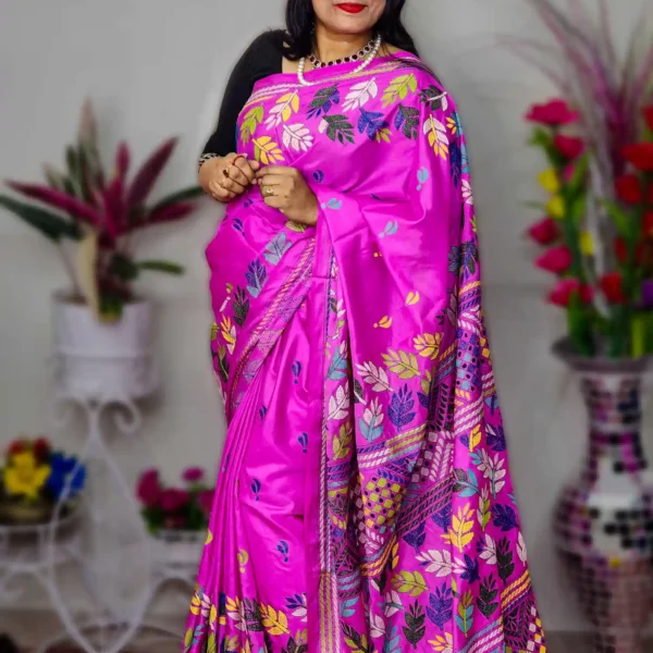 Pink Pure Silk Multicolor Hand-Stitched Kantha Saree – AR Unique