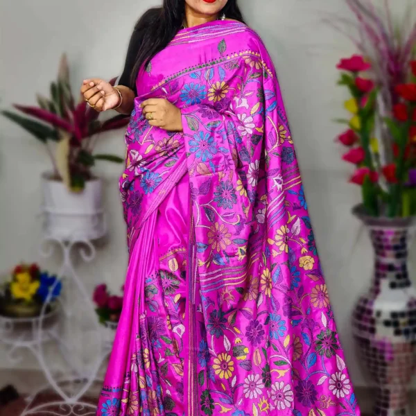 Matt Pink Silk Hand-Stitched Kantha Saree-AR Unique