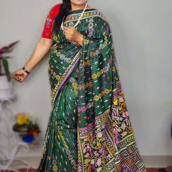 Bottol Green Pure Soft Silk Multicolor Hand-Stitched Kantha Saree Timeless Beauty