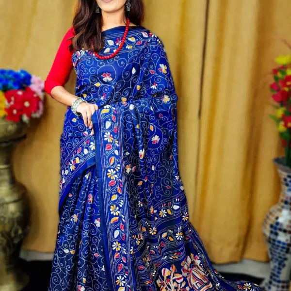Deep Blue Pure Soft Silk Saree With Kantha Stitch