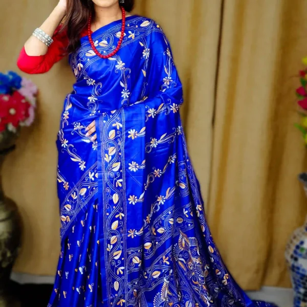 Artisan-Made Soft Silk Saree with Full Kantha Stitch