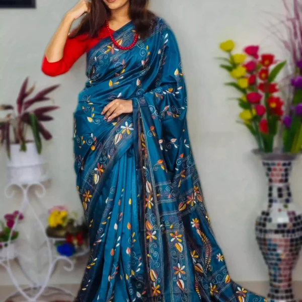 Hand-Stitched Kantha Saree on Soft Silk-Ass Blue