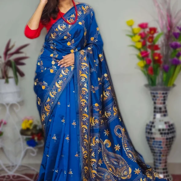 Handwoven Soft Silk Saree with Signature Kantha Stitches