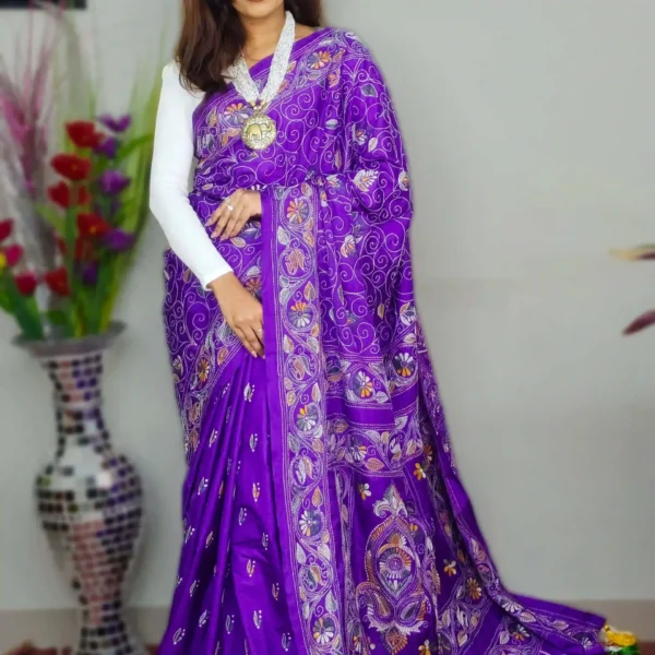 Kantha Stotch on Soft Silk Saree-Deep Purple
