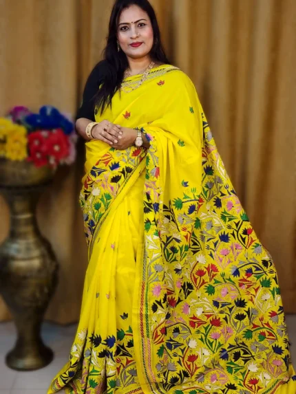 Yellow Pure Silk Multicolor Hand-Stitched Kantha Saree – Splendor