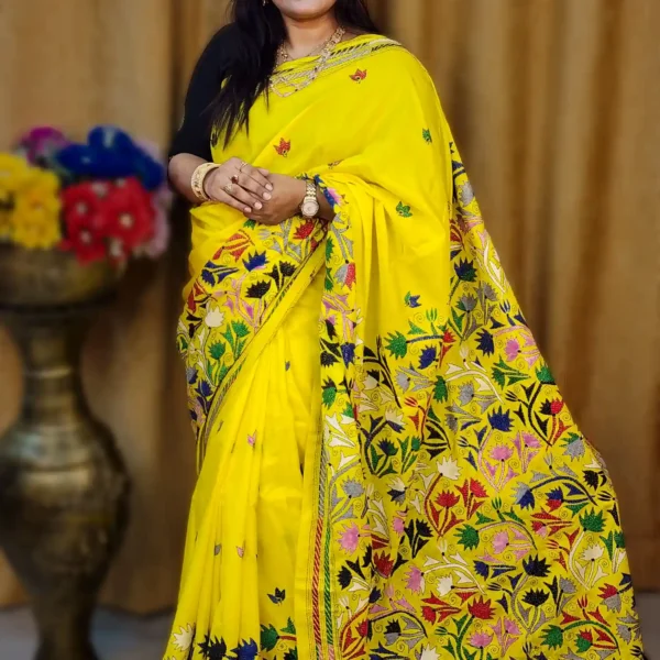 Yellow Silk Multicolor Hand-Stitched Kantha Saree – AR Unique