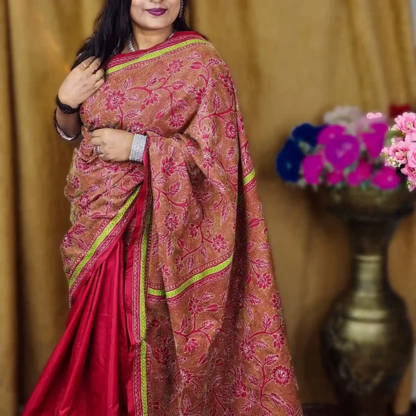 Wine-Silk Multicolor Hand-Stitched Kantha Saree – AR Unique