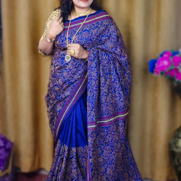 Deep Blue Silk Multicolor Hand-Stitched Kantha Saree – AR Unique
