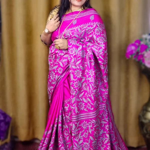 Silk Multicolor Hand-Stitched Kantha Saree –Matt Pink