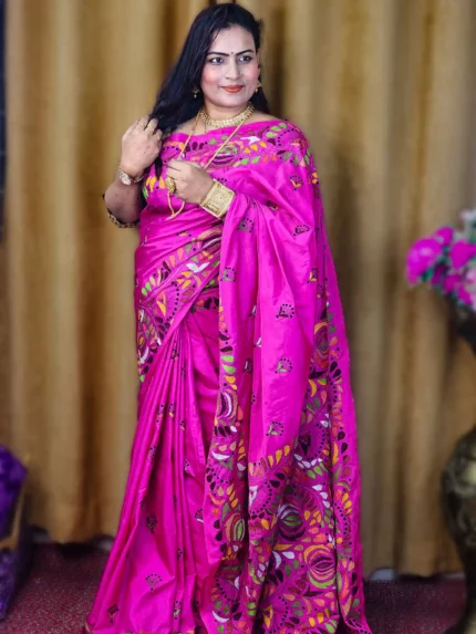 Pink Pure Silk Multicolor Hand-Stitched Kantha Saree – Sophistication