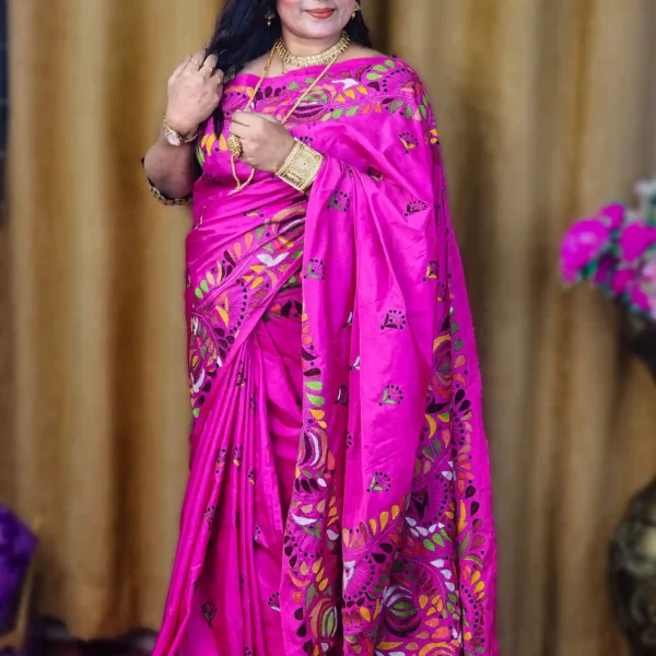 Pink Silk Hand-Stitched Kantha Saree