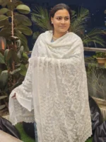 Elegant full-size white dupatta with four-sided lace border. A timeless piece perfect for gifting elders, modest wear, or religious occasions. Lightweight, breathable & graceful.