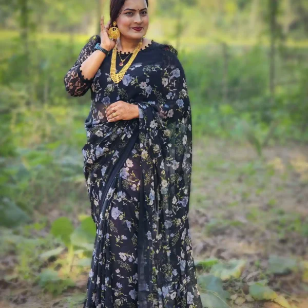 Black Pure Georgette Digital Print Saree – Elegant & Lightweight