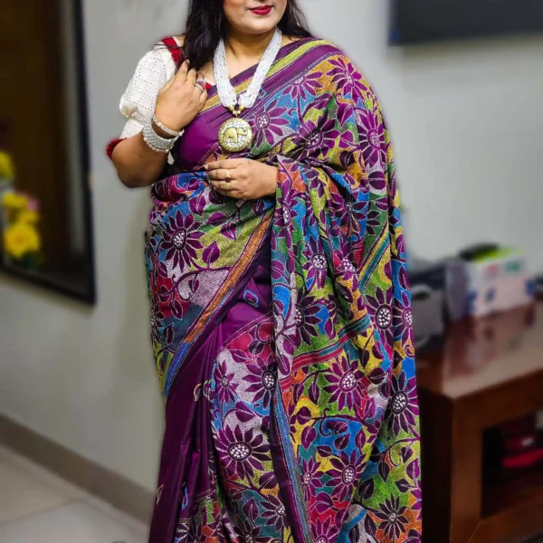Deep Berry Silk Multicolor Hand-Stitched Kantha Saree – A Tapestry Of Tradition
