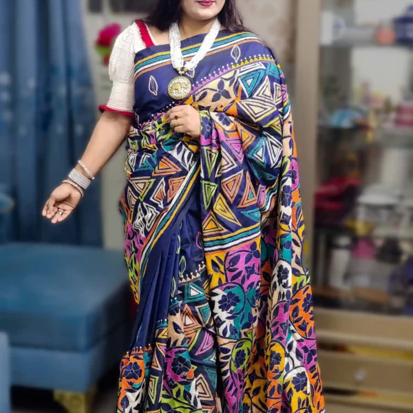 Navy Blue Pure Silk Multicolor Hand-Stitched Kantha Saree