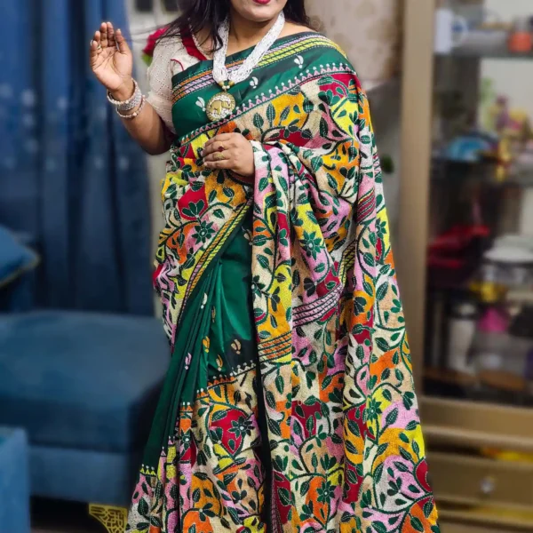 Green Pure Soft Silk Multicolor Hand-Stitched Kantha Saree Sophistication