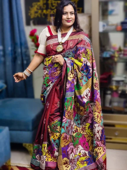 Dark Red Pure Silk Multicolor Hand-Stitched Kantha Saree – Luxury