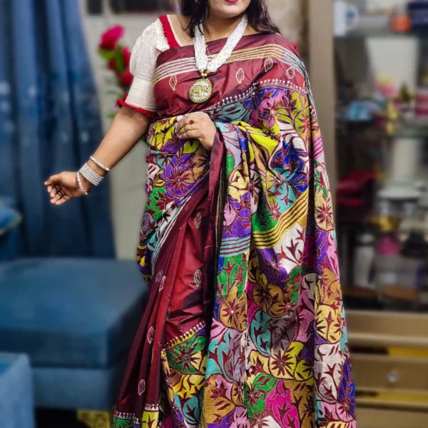 Dark Coffe  Saree With Kantha Stitch Work On Soft Silk