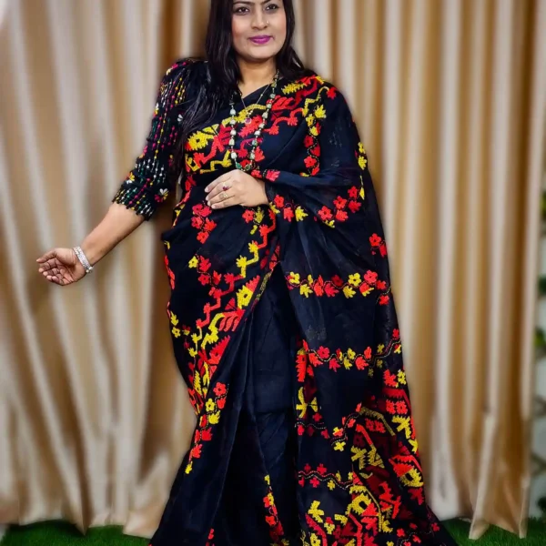 Buy Black Pure Cotton Kantha Stitch Saree Online – Artisan-Made