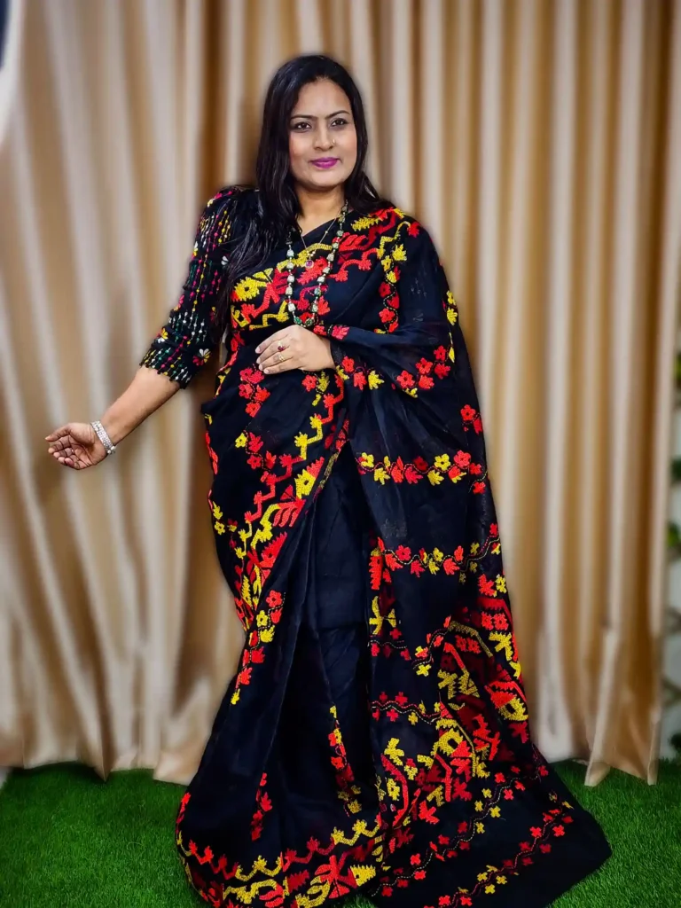 Buy Black Pure Cotton Kantha Stitch Saree Online – Artisan-Made