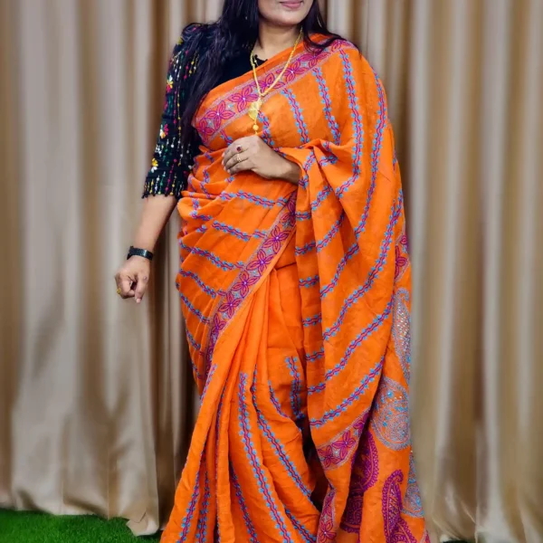 Elegant Pure Orange Handloom Cotton Saree for Women – Lightweight & Traditional Wear
