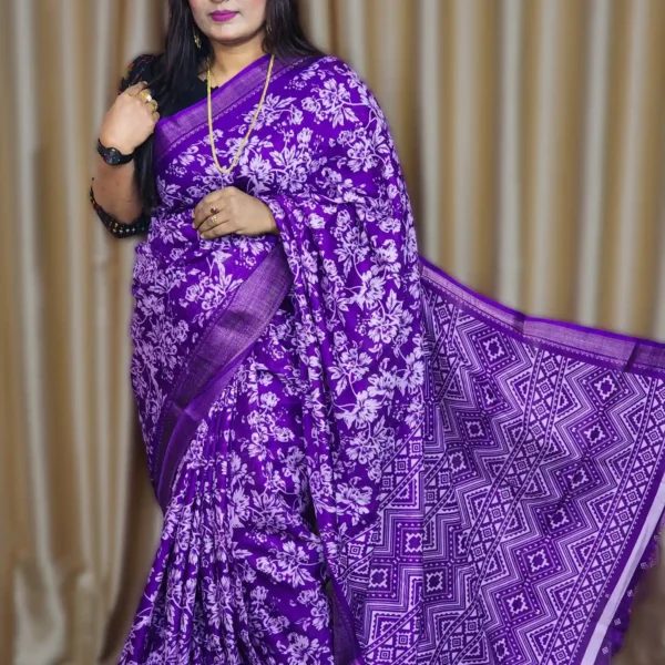 Stylish Purple Digital Print Silk Saree