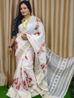 Elegant and soft White silk saree Digital style printed design and a golden woven border.