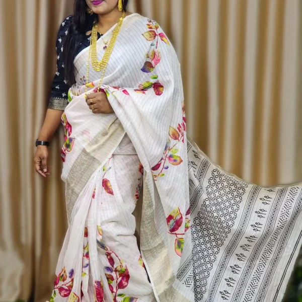 Elegant and soft White silk saree Digital style printed design and a golden woven border.