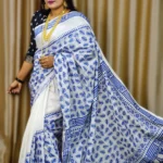 White And Blue Hand-Stitched Silk Saree – AR Unique