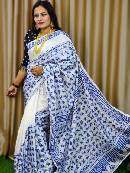 White Pure Silk Multicolor Hand-Stitched Kantha Saree – Elegance