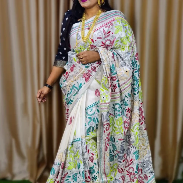White Pure Silk Multicolor Hand-Stitched Kantha Saree Radiant Heritage