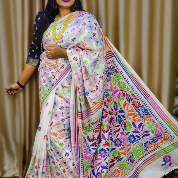 White Pure Silk Multicolor Hand-Stitched Kantha Saree Artistry Of Every Stitch