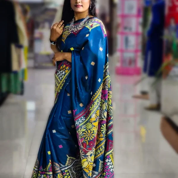 Peacock Blue Pure Silk Multicolor Hand-Stitched Kantha Saree – Elegance