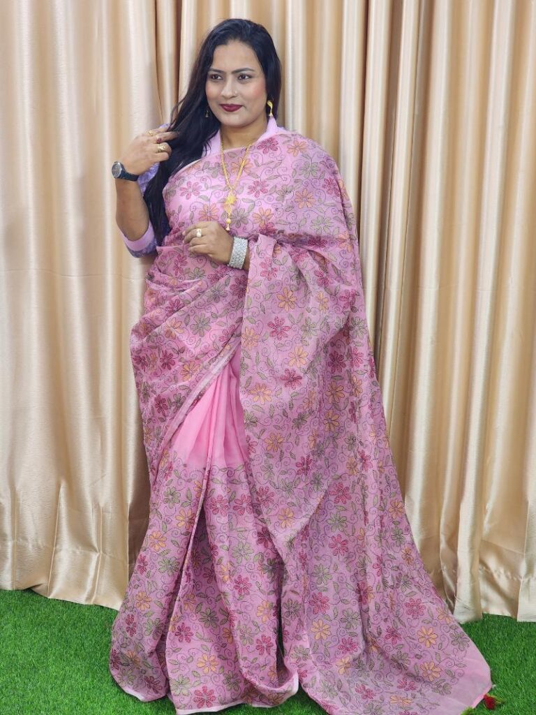 Discover our premium hand-embroidered half silk saree – a blend of tradition and elegance. Perfect for special occasions, gifts, and timeless styling