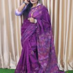 Hand Work Saree Design On Half Silk - Purple