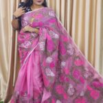 Pink Moslin Saree With Hand Embrodery-Elegance Style