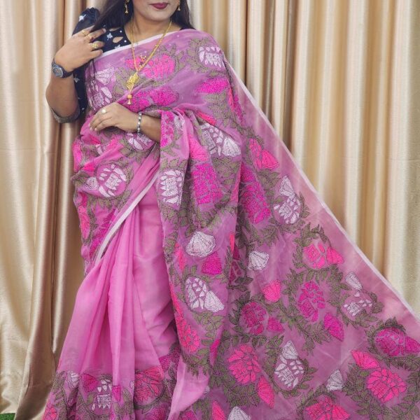 Pink Moslin Saree With Hand Embrodery-Elegance Style