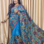 Hater Kajer Moslin Saree Peacock Blue-Elegance BD