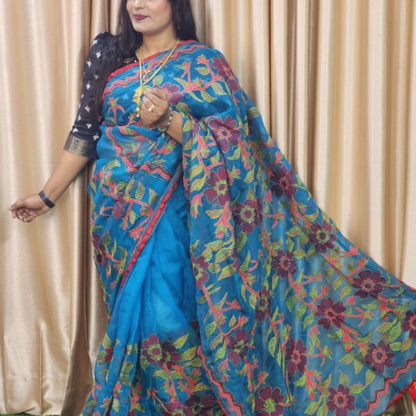Hater Kajer Moslin Saree Peacock Blue-Elegance BD