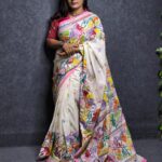 Elegant White Hand Work Silk Saree - For Women