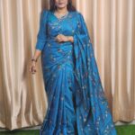Elegant Blue Hand Embroidery Saree - For Women
