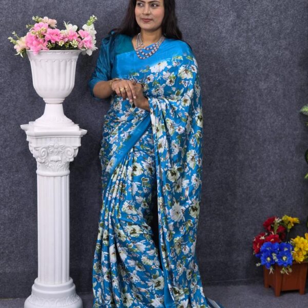 Royel Blue Digital Print Silk Saree